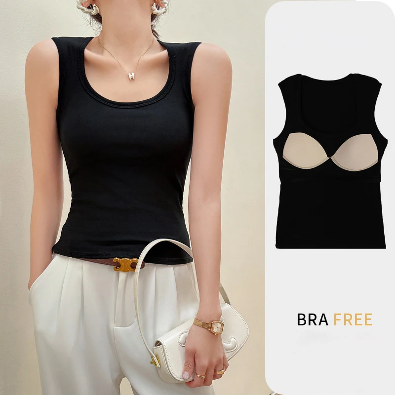 Korea Stylish Women\'s Camisole with Padded Bust Solid Color Sleeveless Undershirts Slim Tops Concealing Side Cleavage C5725