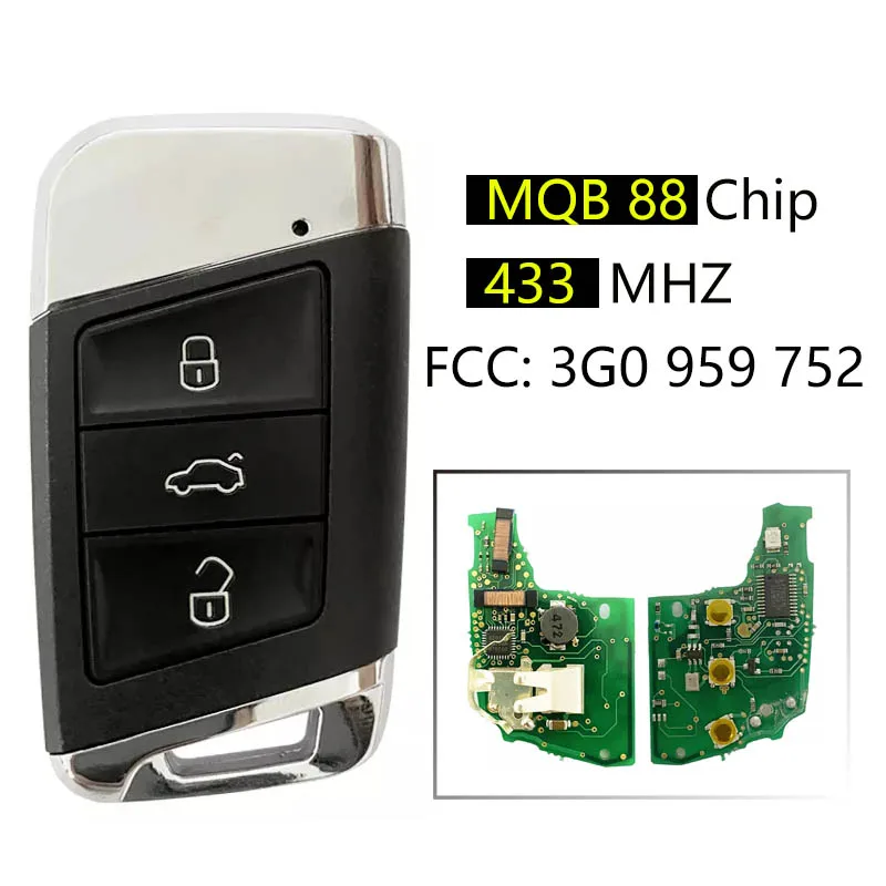 

CN001076 3 Button Smart Remote Key 434 MHz For VW Passat Magotan Replacement Key With MQB 88 Chip FCCID 3G0 959 752 Keyless GO