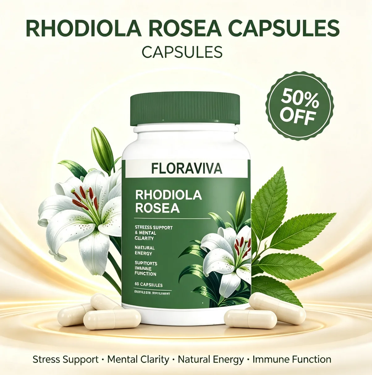 3 X Limited time sale -50% off a packRhodiola RoseaPeptide Capsules Floraviva Rhodiola Rosea Capsules - 60 Count for Stress Support Mental Clarity & Natural Energy - Supports Immune Function