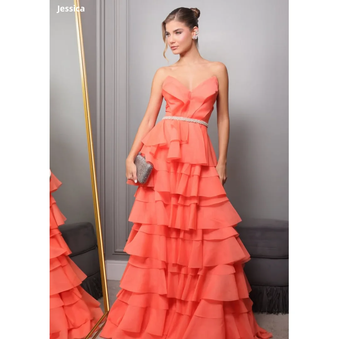 

Jessica Waist Pearls Evening Dresses Chiffon Ruffle Layering Prom Dresses Off-shoulder A-line Wedding Party Dresses Customized