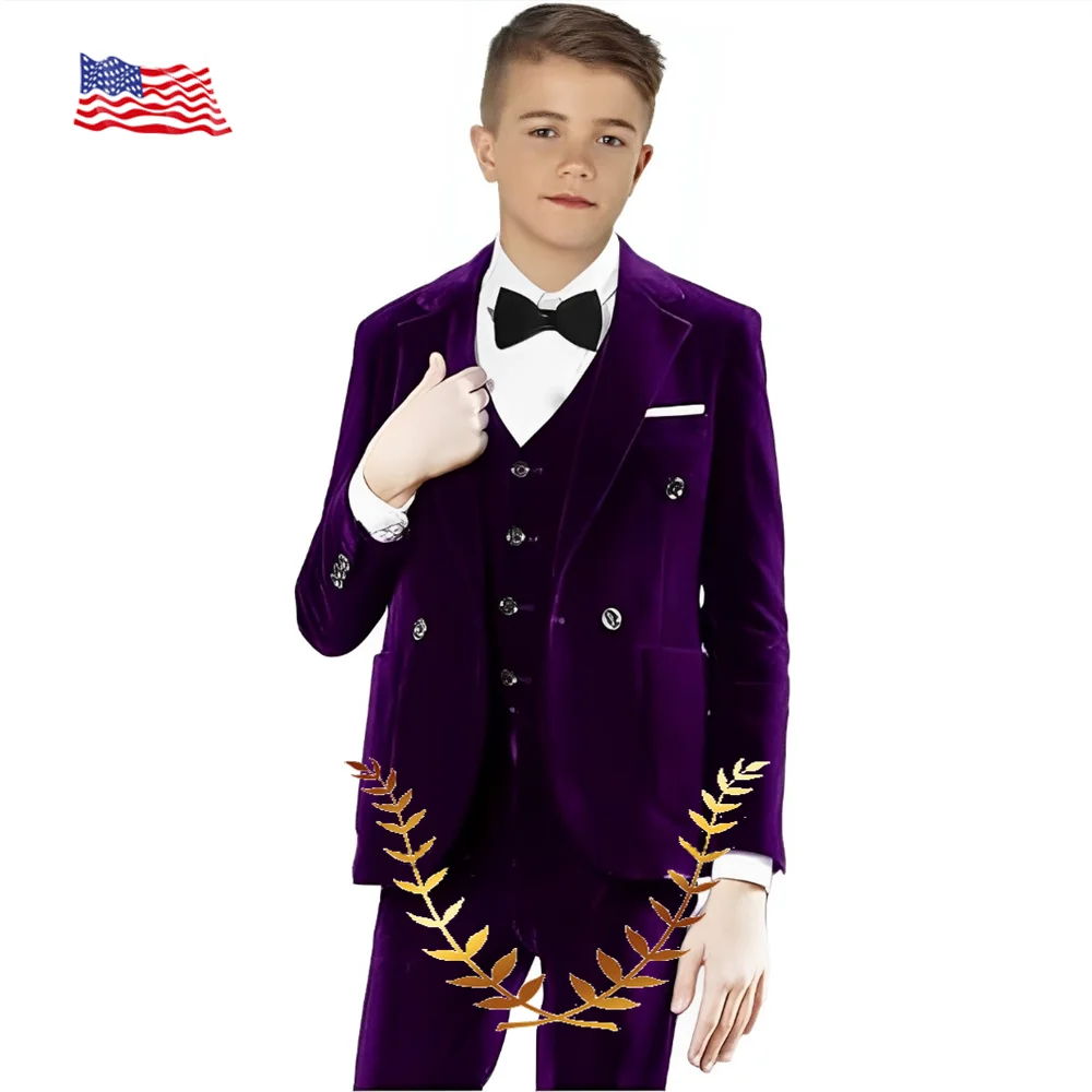 Boy's Suit 3 Piece Velvet Tuxedo Slim Fit Formal Suit Jacket Blazer Vest Pants Suit Set for Wedding Dinner Prom Party