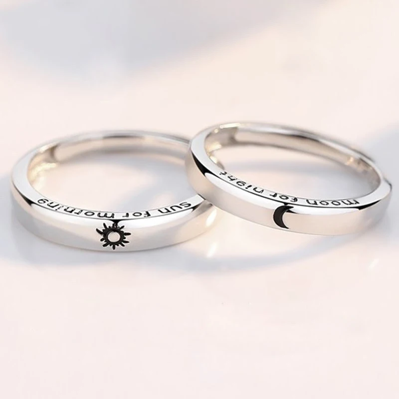 2Pcs Silver Color Sun Moon Couple Rings For Women Romantic Day Night Letter Ring Lover Engagement Banquet Jewelry Dating Gift