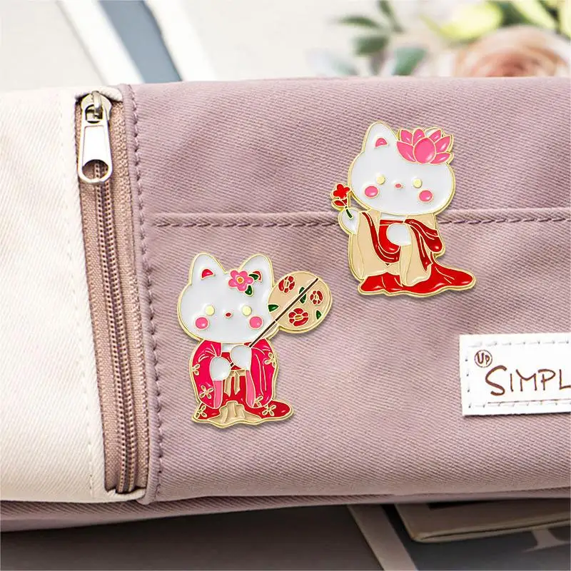 Cute Cartoon White Cat Enamel Brooch Creative Chinese Tang Style Hanfu Animal Lapel Pin Badge Backpack Clothing Hat Accessories