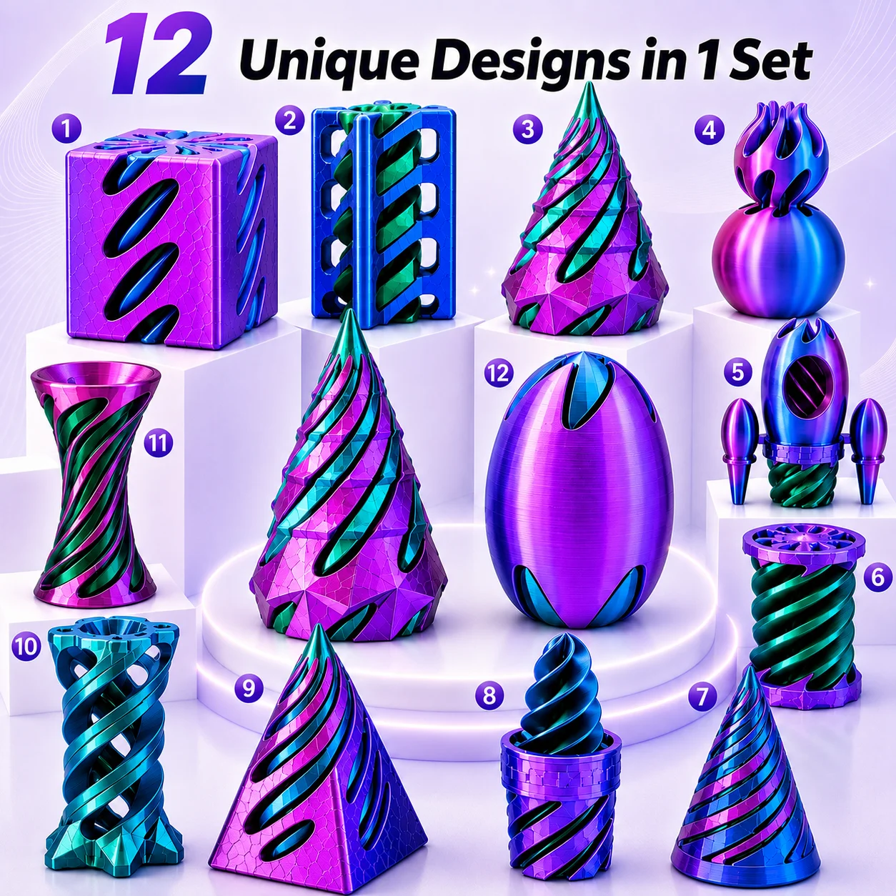 MQUDUO 12 Pack 3D Printed Fidget Toys Set, Colorful PLA Twist Slide Spin Desk Fidgets for Office Travel Study Breaks Gift