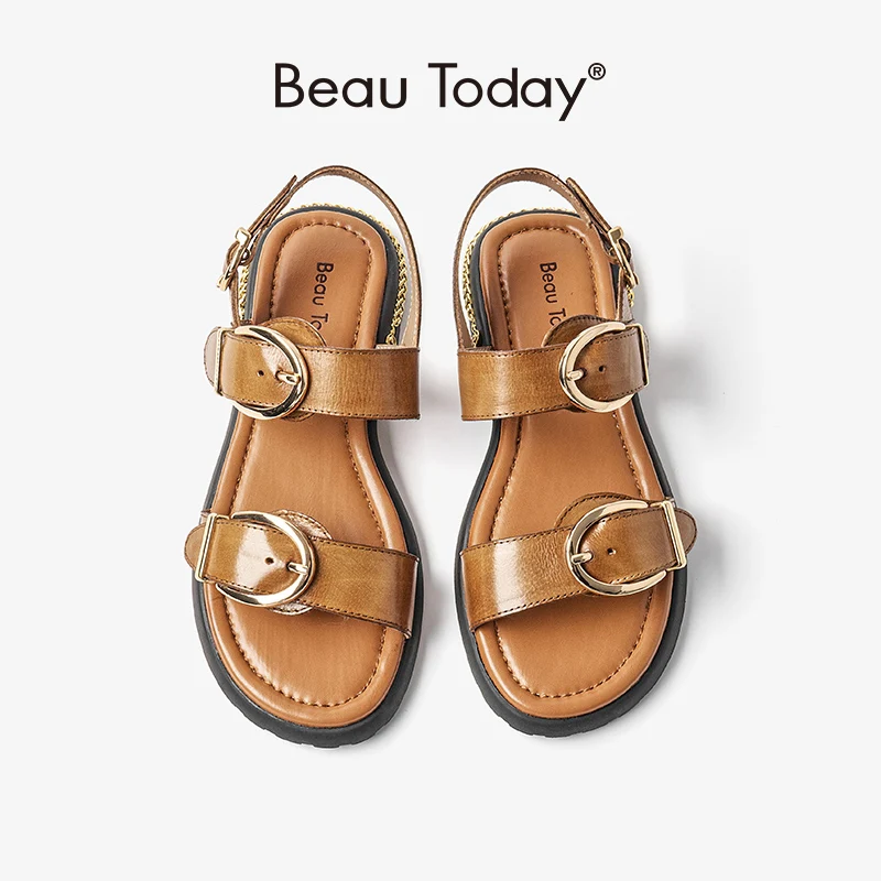 BeauToday Flats Sandals Women Metal Decroation Open Toe Slingback Buckle Genuine Leather Summer Ladies Shoes Handmade 32376