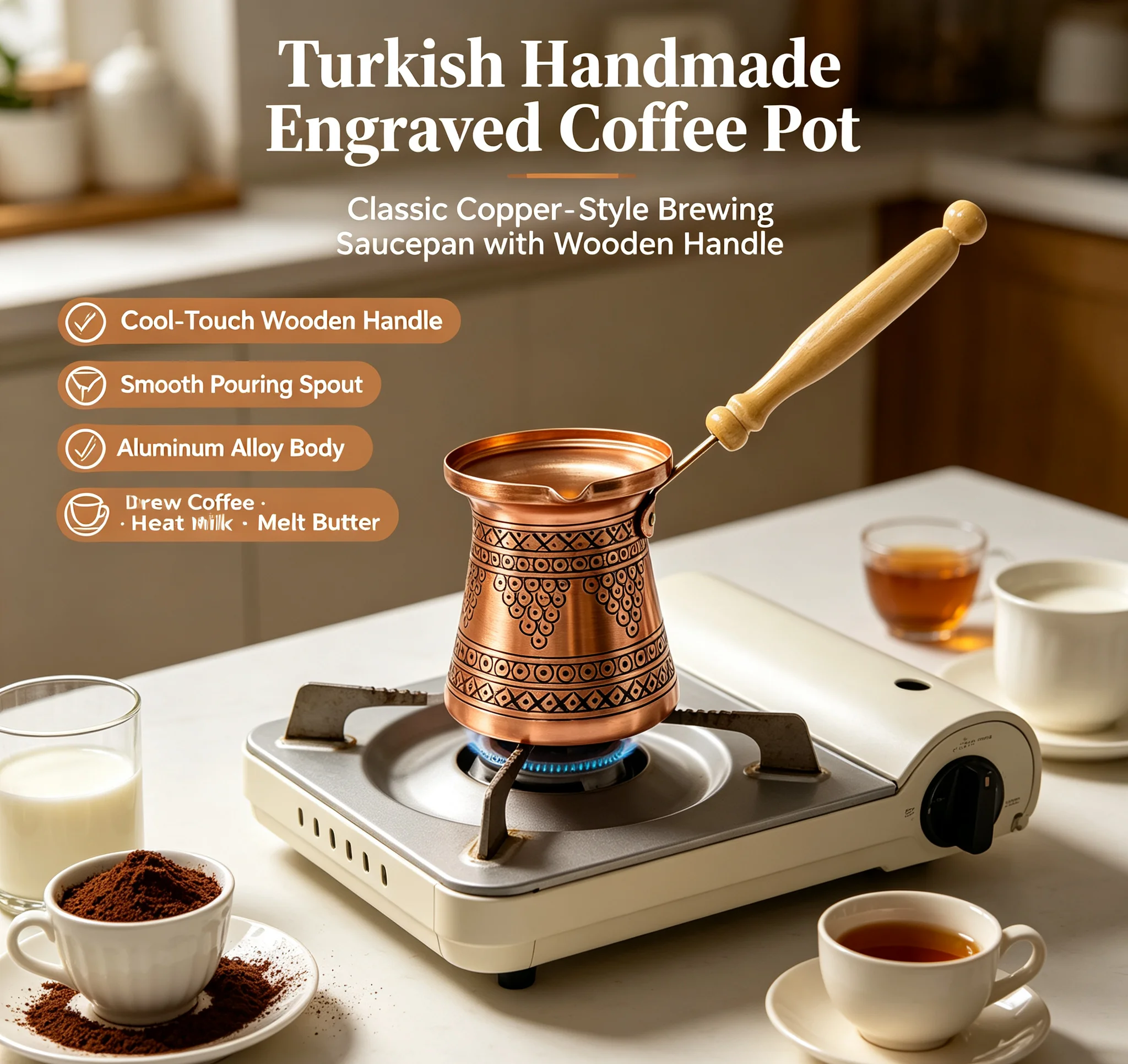 Turkish Coffee Pot 400ml Small Thick Hand Carved with Long Handle Hand Brewed Teapot for Kitchen Household Cafe Bar Office