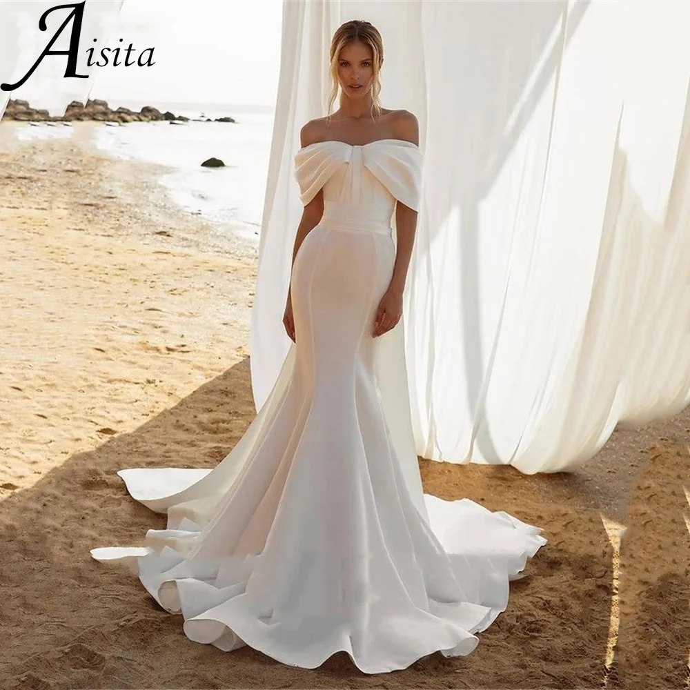 Vestido De Novia elegante De sirena con hombros descubiertos, vestido De Novia personalizado sin tirantes, pliegues elegantes, mangas cortas, Vestidos De Novia