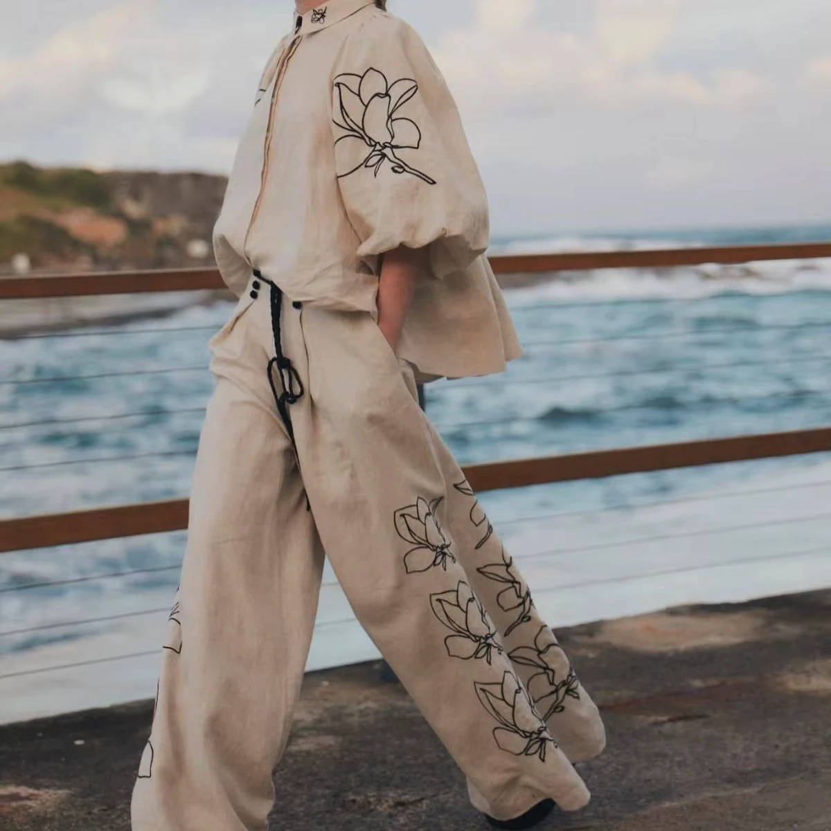 

Elegant Cotton Linen Two Piece Set for Women Loose Long Sleeve Printed Shirt & High Waist Wide Leg Pants Casual Outfit