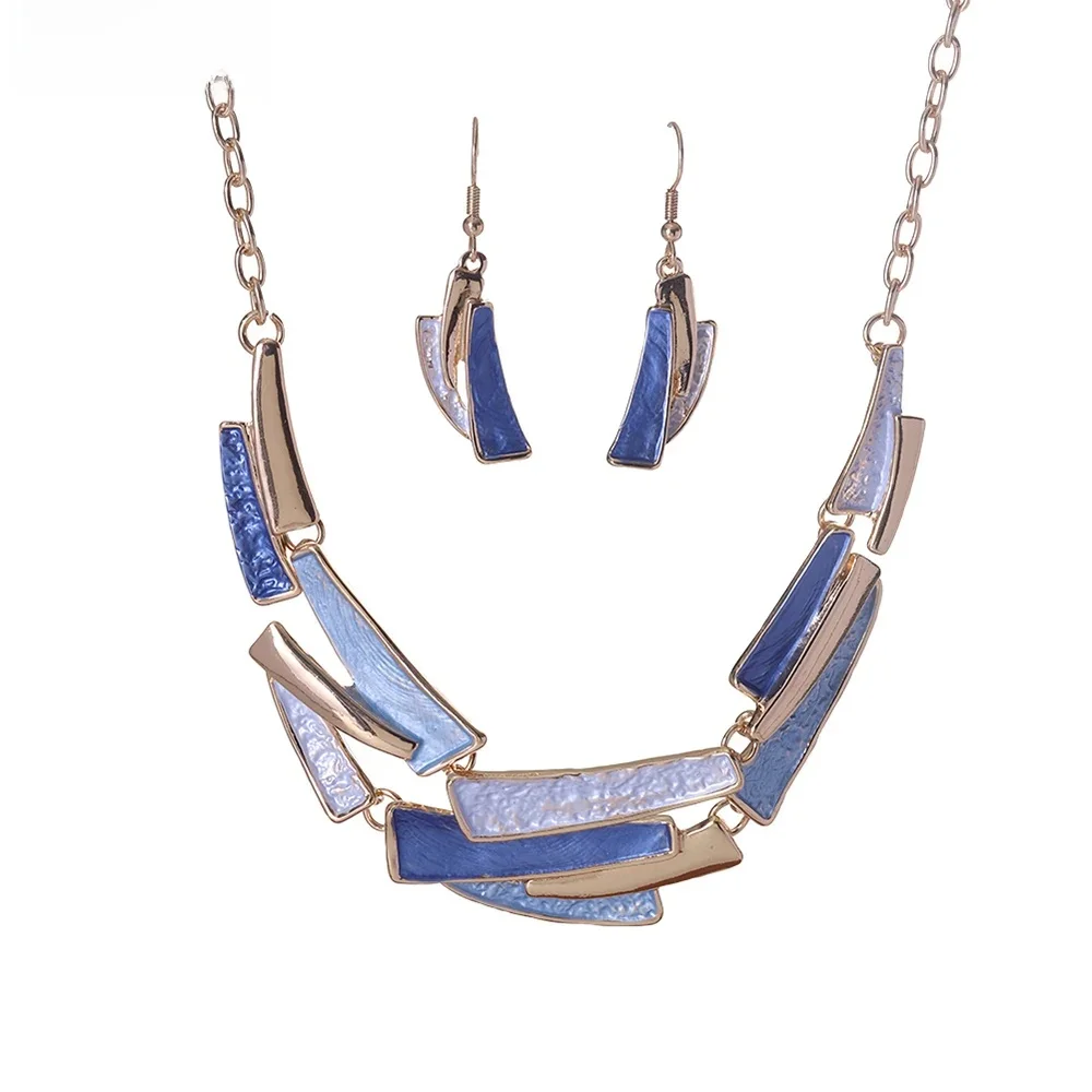 Ensemble de bijoux géométriques goutte à goutte d'huile bleue pour femmes, collier et boucles d'oreilles document en or, accessoires de mode, 03, cadeau de Rhde fête