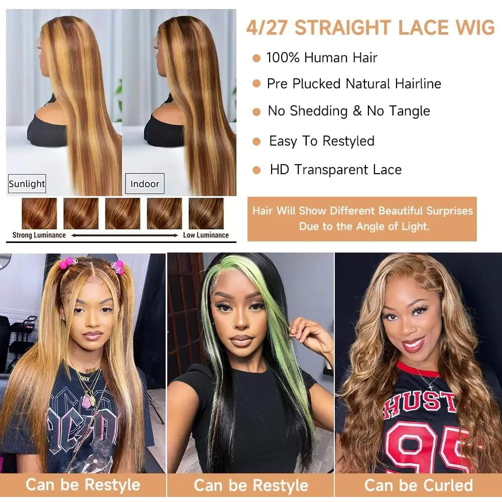 34インチ 13x4 HDハイライトウィッグ カラーレースフロント人毛ウィッグ 女性用 ハニーブロンド ストレート HDレースフロントウィッグ 人毛