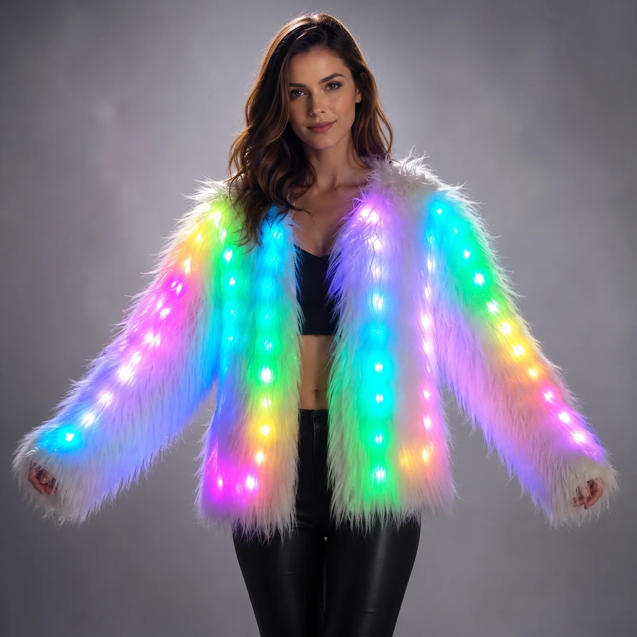 LED Faux Fur Coat with Remote Control  Dance Party Jacket Womens Light Up Costume Gogo Warm Costume Stage