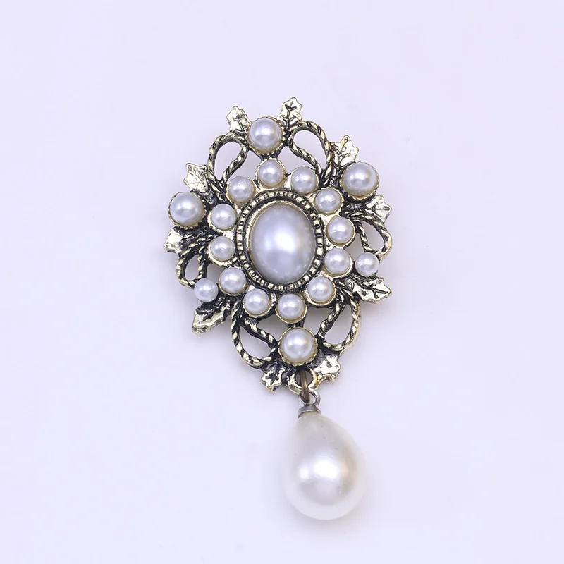 Baiduqiandu Vintage Simulated Pearls Drop Brooches For Women Men Antique Silver Plated Clothes Pins