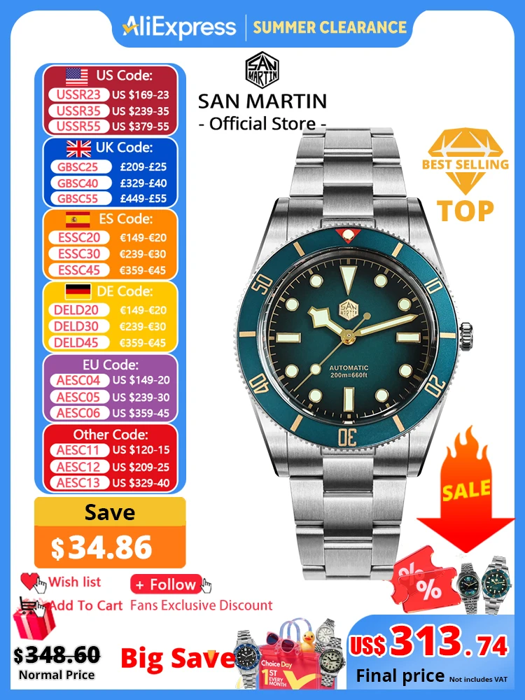 San Martin – montre de plongée vintage BB54 pour hommes, 37mm, ST2130, automatique, mécanique, saphir, lumineuse, étanche à 200m, SN0138, nouvelle version améliorée