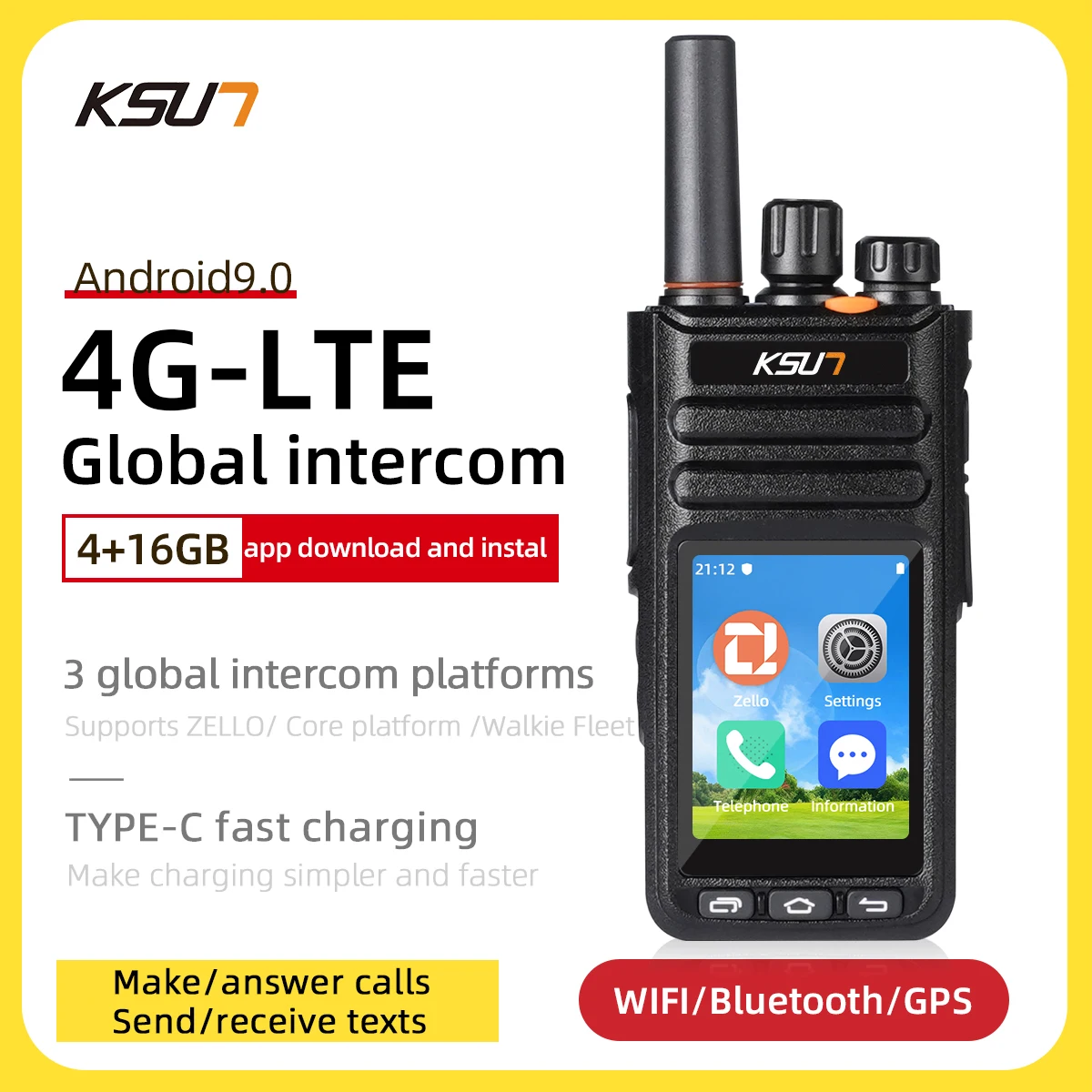 

Android 9.0 POC 4G LTE Wifi Radio Blue-tooth Two Way Radio Unlimited Distance Long Range Walkie Talkie KSUN ZL65
