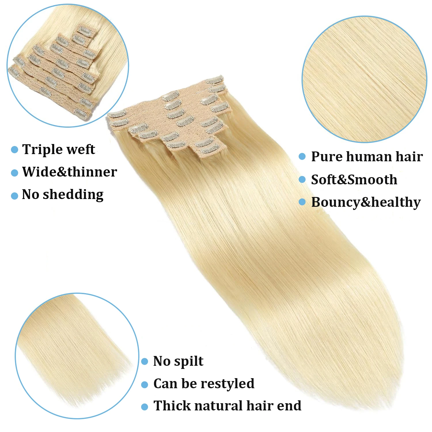 Bleach Blonde 613 Color Clip in Hair Extensions Real Human Hair 24 inch 8pcs 120g/Pack Clip in Extensions Salon-Grade Quality