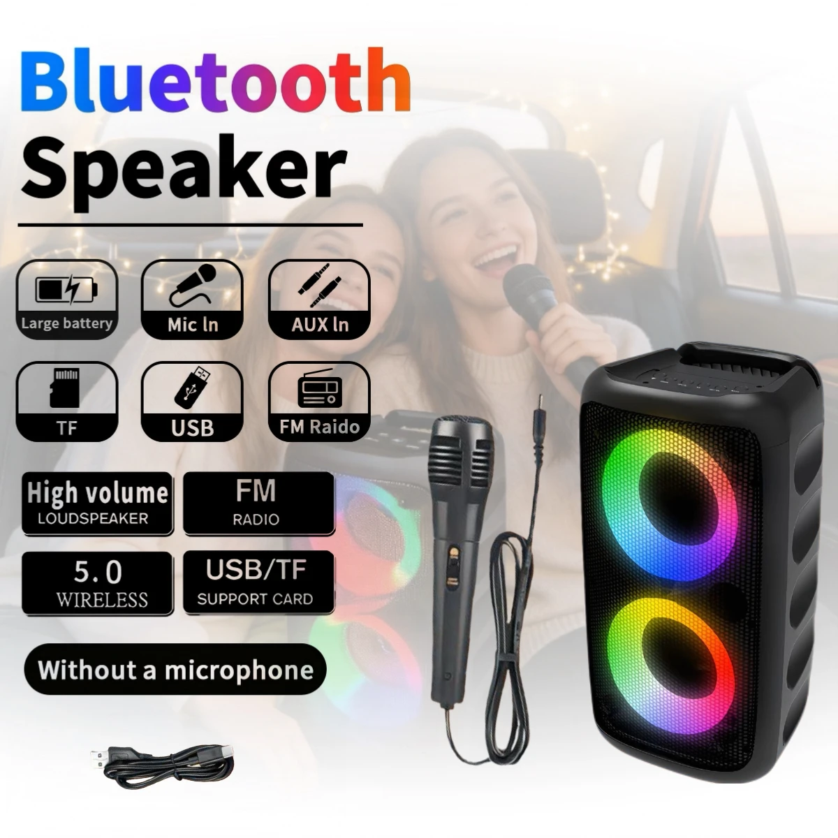 Bluetooth-Lautsprecher 8800mAh 12h+ Akkulaufzeit für den Ganzen Tag, Dual 3' Woofer mit LED-Lichtshow, TWS Stereo Heavy Bass, FM-Radio, USB/TF für Camping & Auto