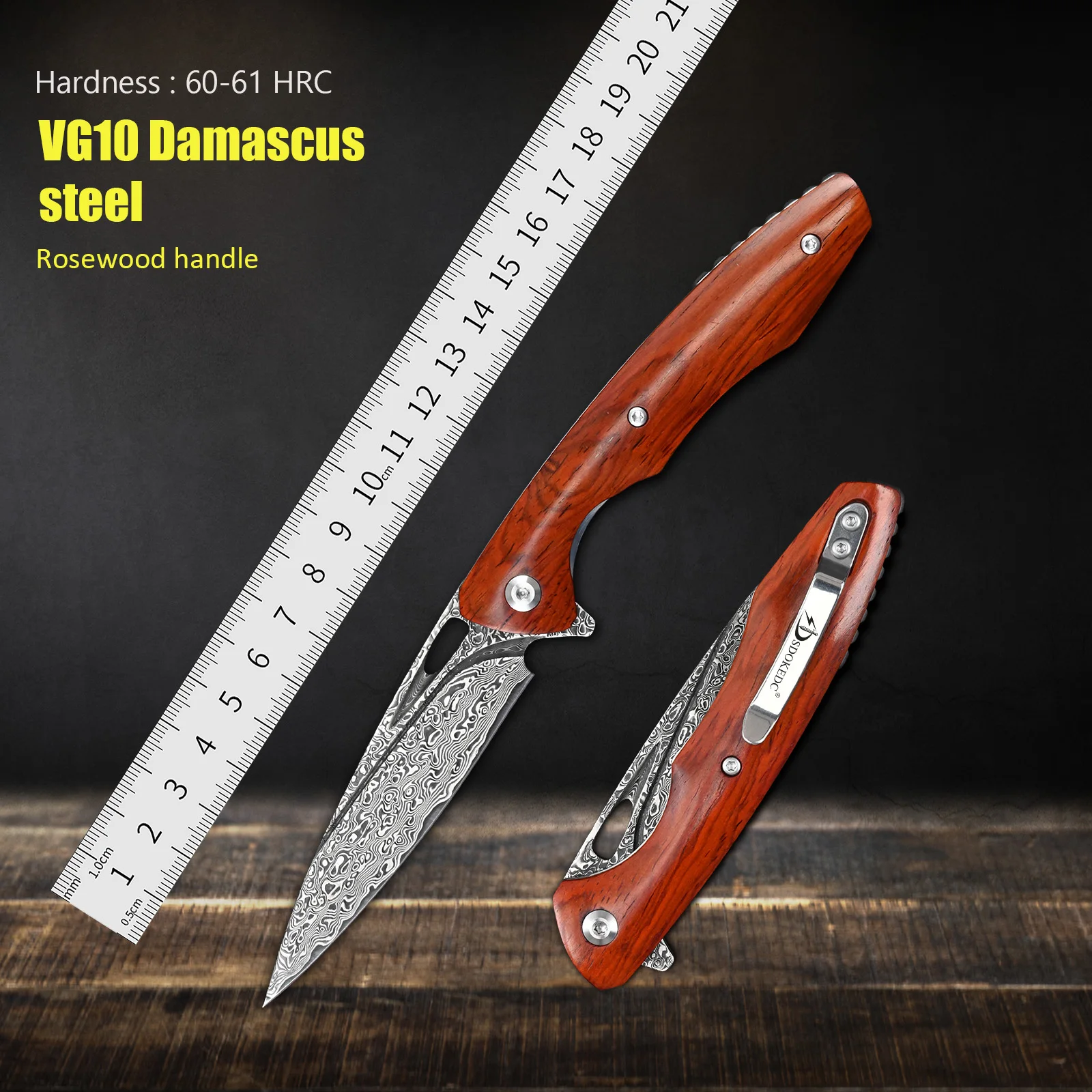 Image of SDOKEDC EDC Klappbares Taschen-Schneidwerkzeug, VG10-Klinge aus Damaststahl, Griff aus Palisanderholz, tragbares Nutzwerkzeug für Camping, Angeln, täglichen Gebrauch