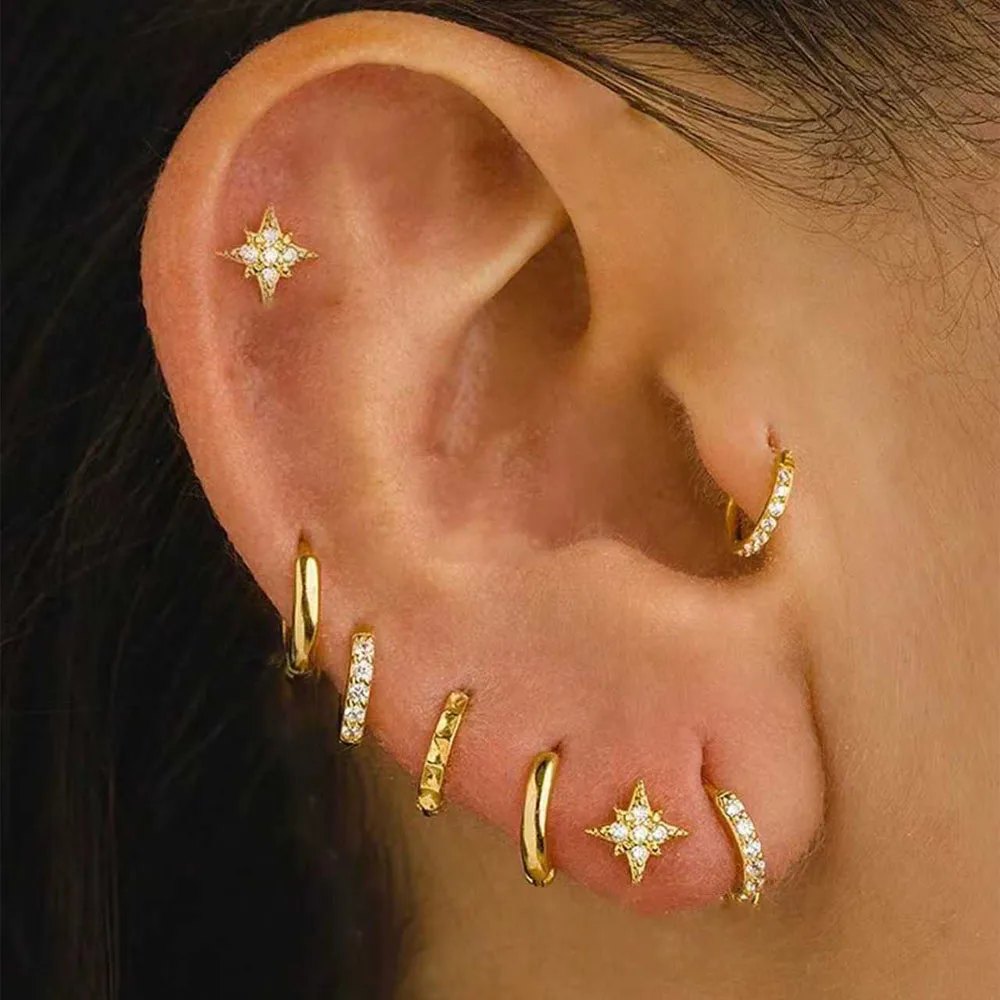 3 Pairs CZ Hoop Star Design Stackable Earrings for Women, 14K Gold Plated Huggie Hoop Earrings Tiny Flat Back Stud Earrings