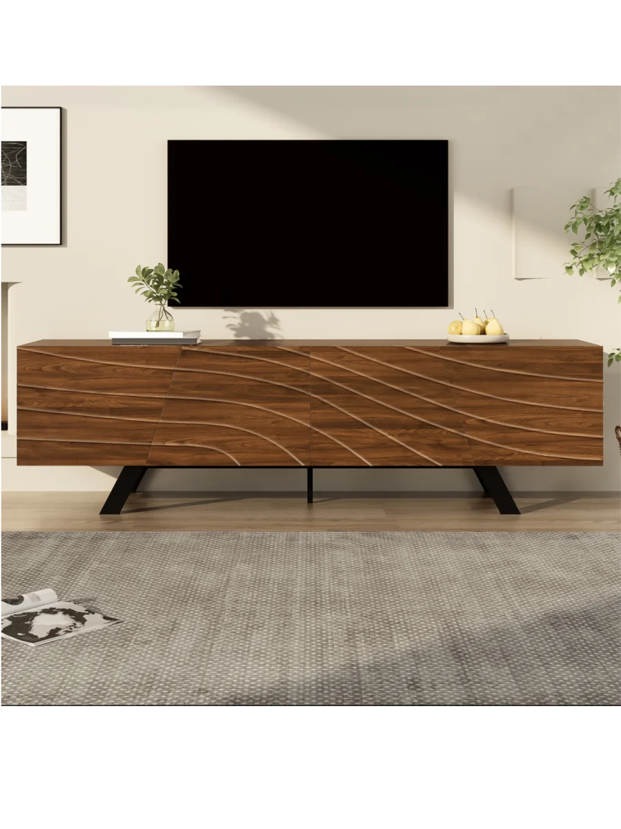 Anajqaqia 160×39×50,5cm tv-meubel met golffront, lowboard in walnootlook met zwarte ijzeren poten, grote opbergruimte - afbeelding 2