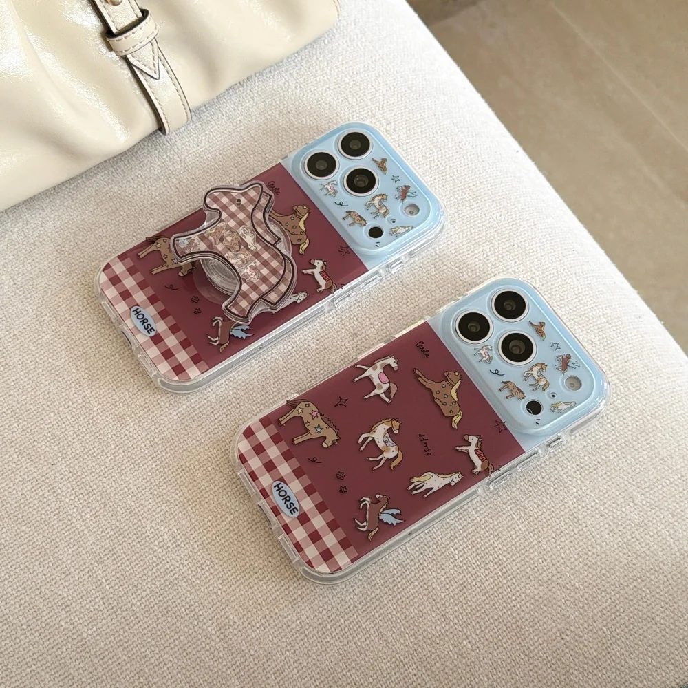 

Creative splicing plaid pony stand phone case for iPhone 17 16 ProMax 15 Pro fundas Korean INS personalized new shockproof case