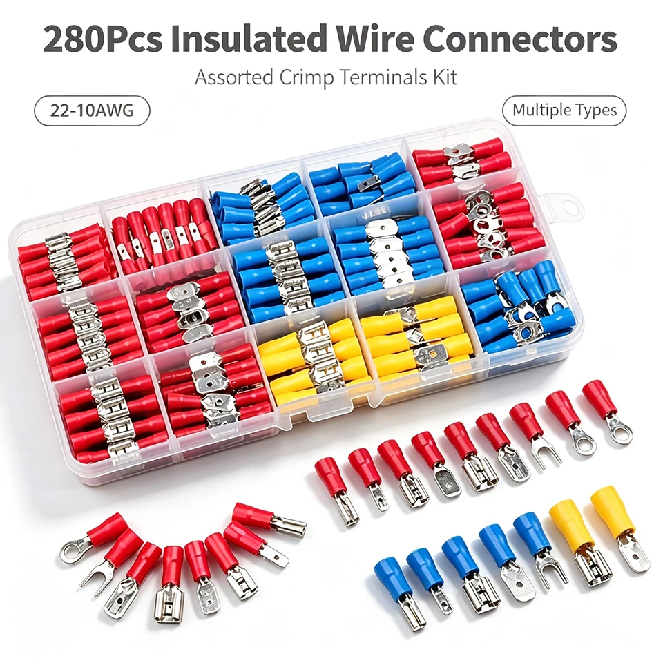 280pcs Insulated Wire Connectors Kit Electrical Crimp Terminals Assortment Spade Ring Fork Spade Connectors for Auto Marine