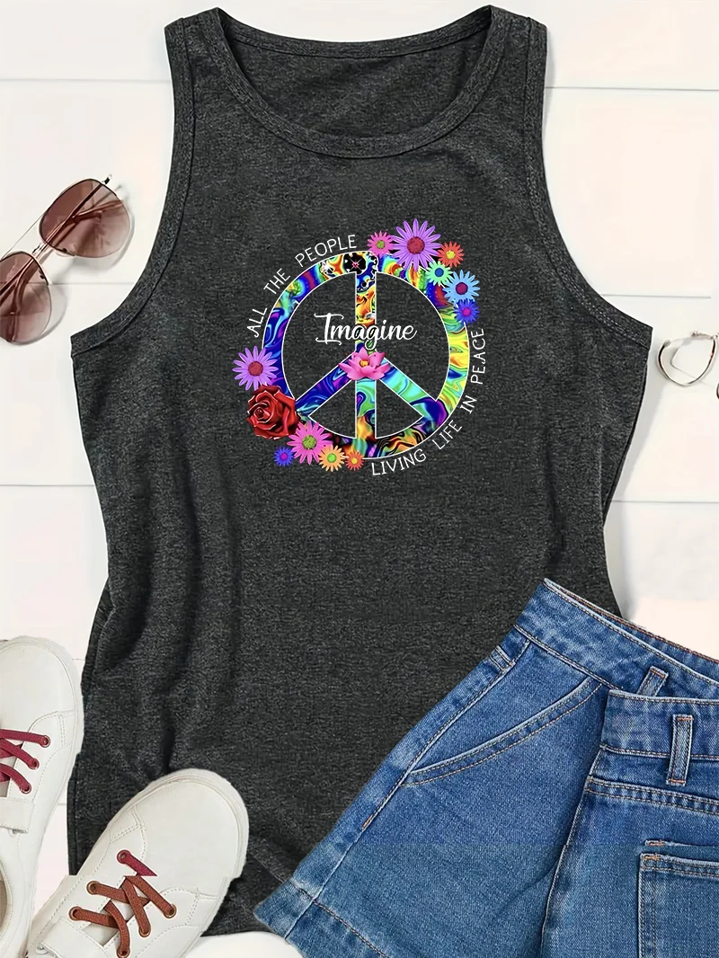 All The Pecple Imagine Peace Sports Printed Women's Tank Top Loose O Neck Sleeveless Casual Tank Top for Women's Clothing