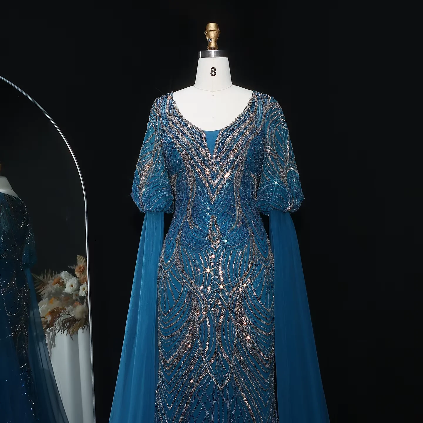 Sharon Said Elegante abito da sera in pizzo impreziosito nero con maniche fluide Abiti da festa di nozze blu oro SS038 personalizzati