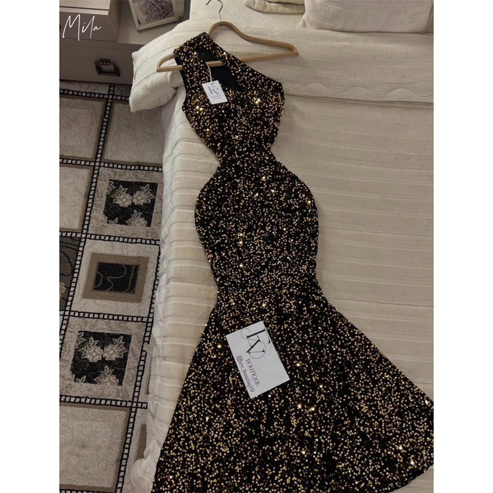 Vestido de Fiesta Negro de Sirena con Hombro Descubierto y Lentejuelas, Sin Mangas, Largo hasta el Suelo, Personalizado Mila