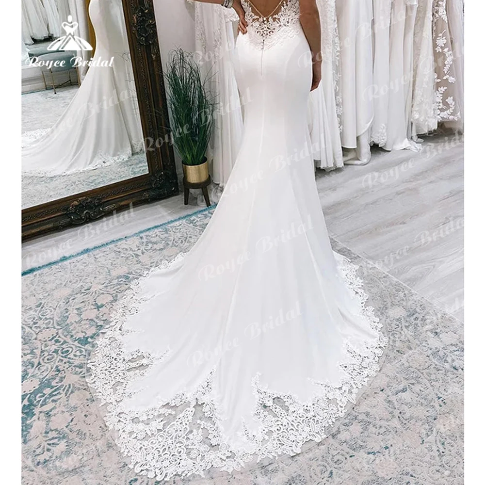 Sexy V-Ausschnitt Spaghetti träger offener Rücken Knopf Spitze Satin Meerjungfrau Brautkleid Boho Brautkleid Sweep Robe de Mariée Vestidos de