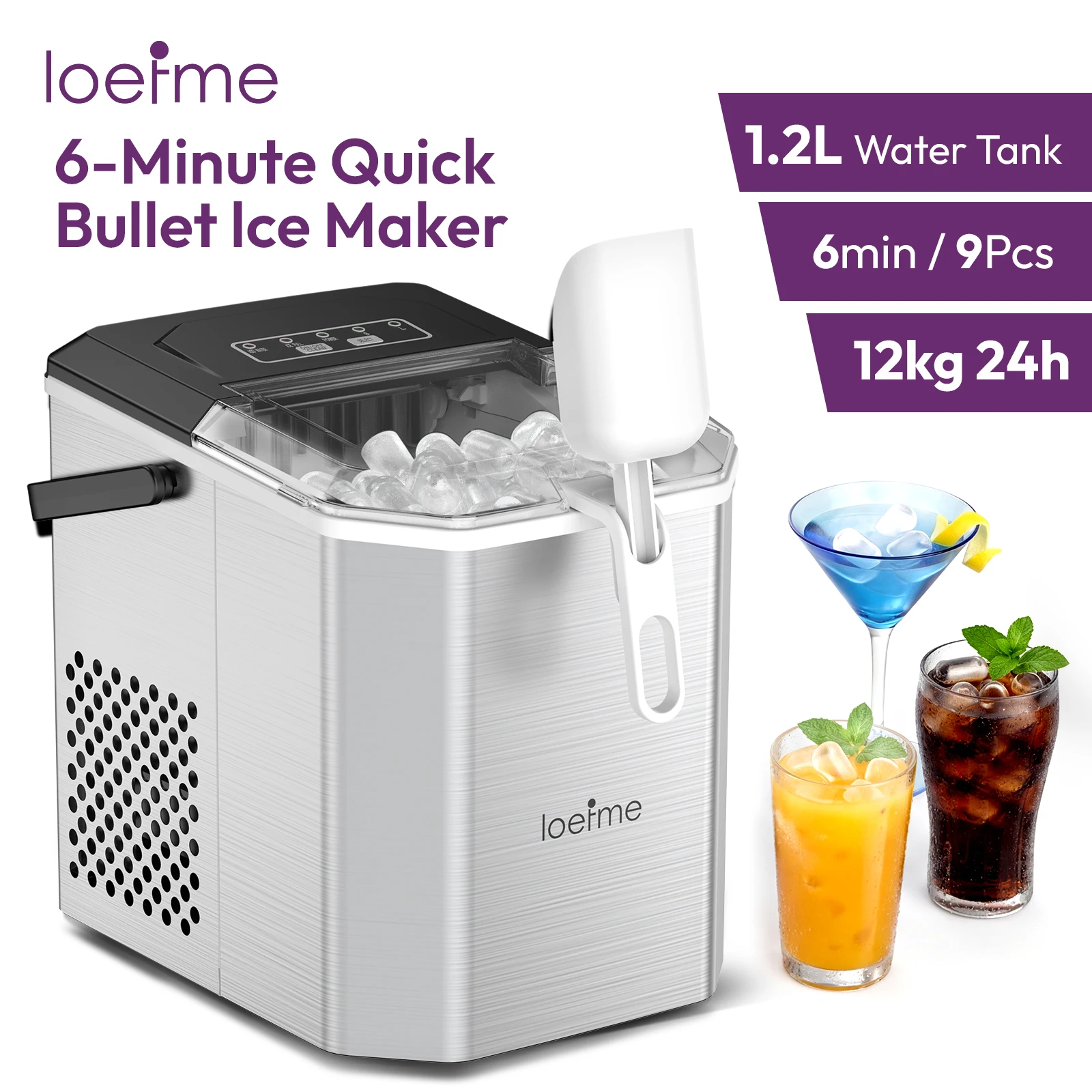 LOEFME IJsblokjesmachine 15kg/24u 16 IJsblokjes in 6-20 Min Digitaal Display Timer 1,5L Waterreservoir met Instelbare Ijsdikte