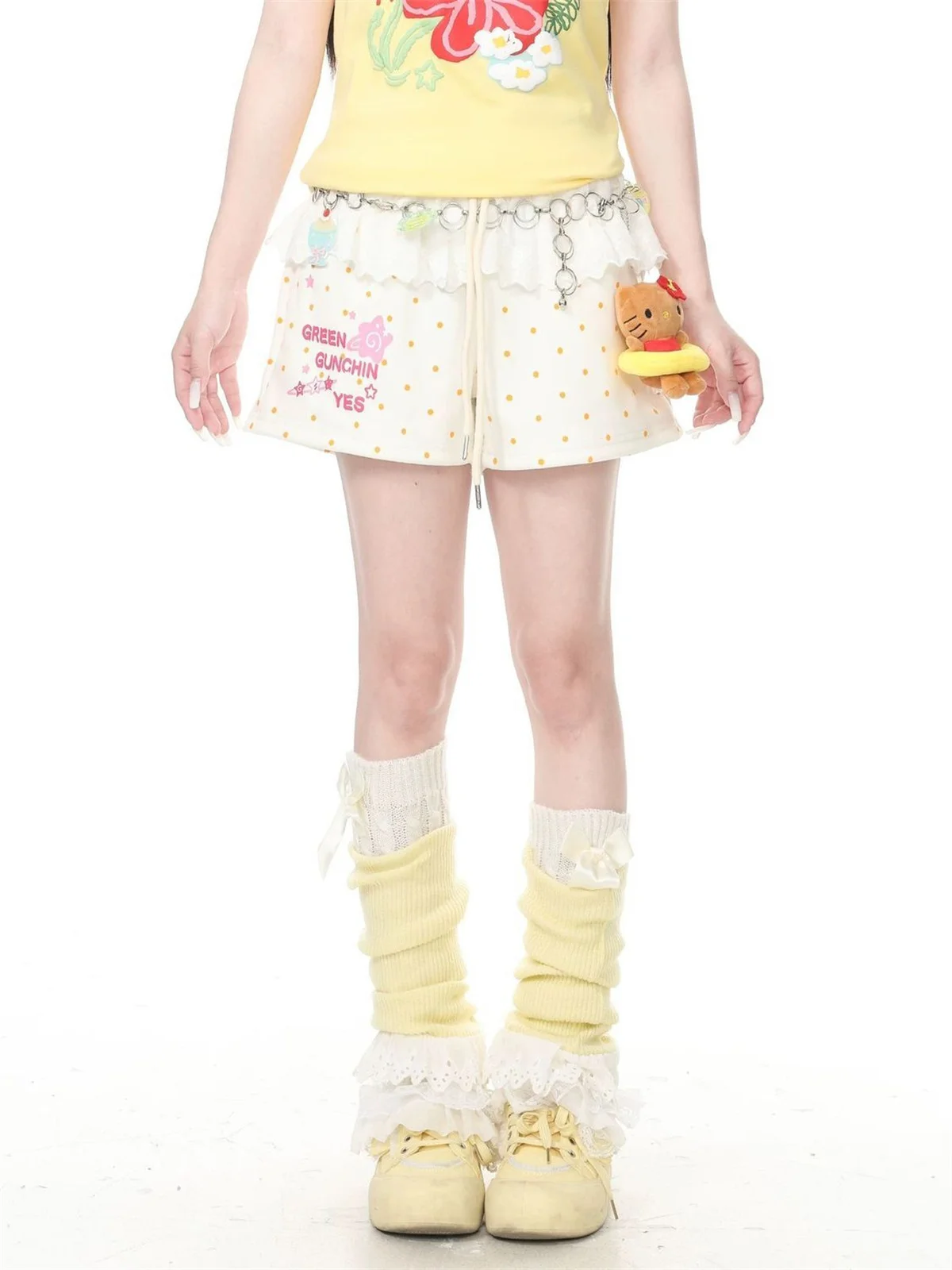 Cute Japanese Sweet Polka Dot Letter Print Shorts Women Patchwork Lace Casual Short Pants Summer Cute Y2k Aesthetic Bottoms