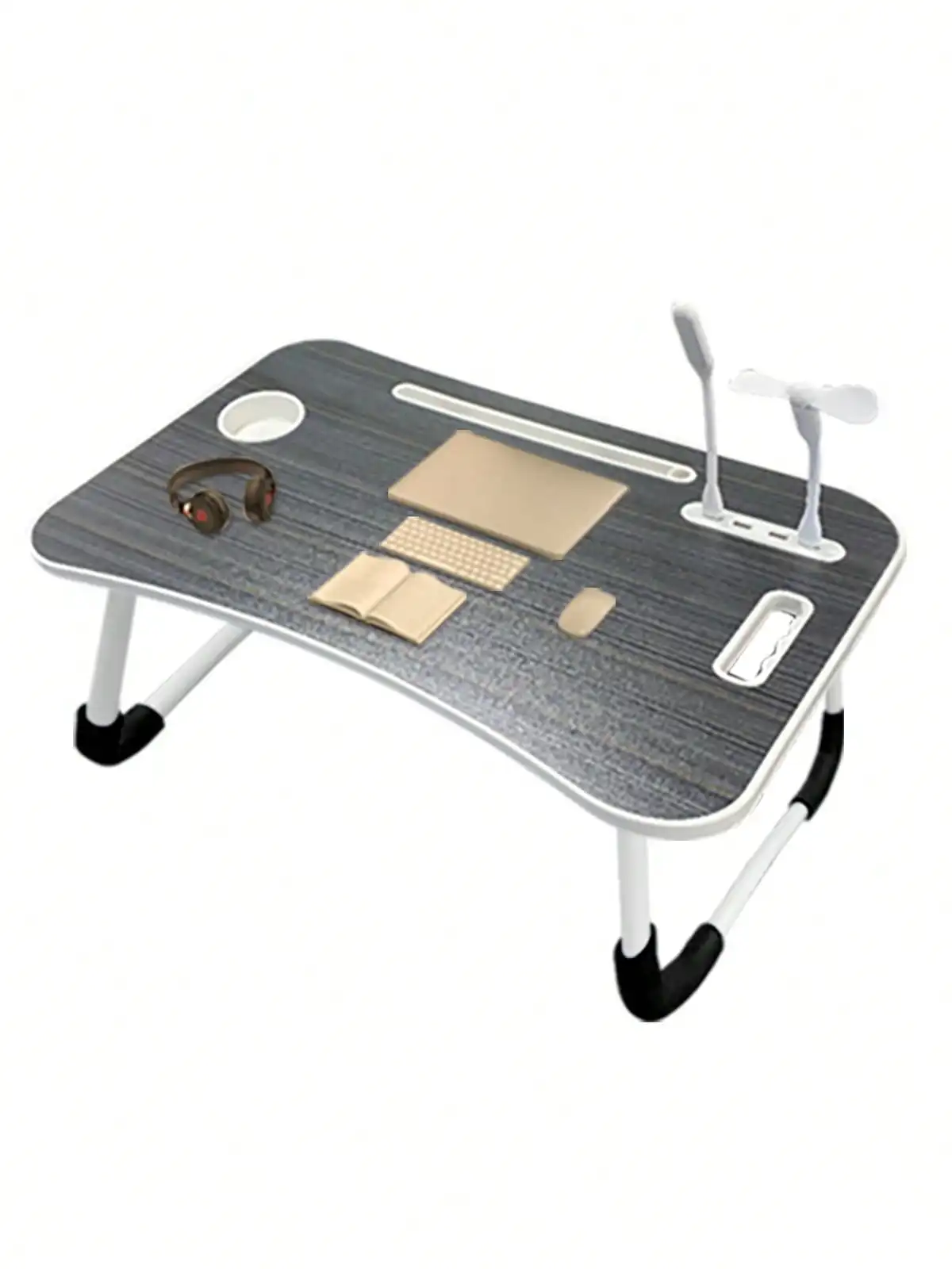 

Large Laptop Bed Desk with Cup Holder & USB Fan/Light - Portable Folding Table for Eating, Reading, Sofa, Stable Tray