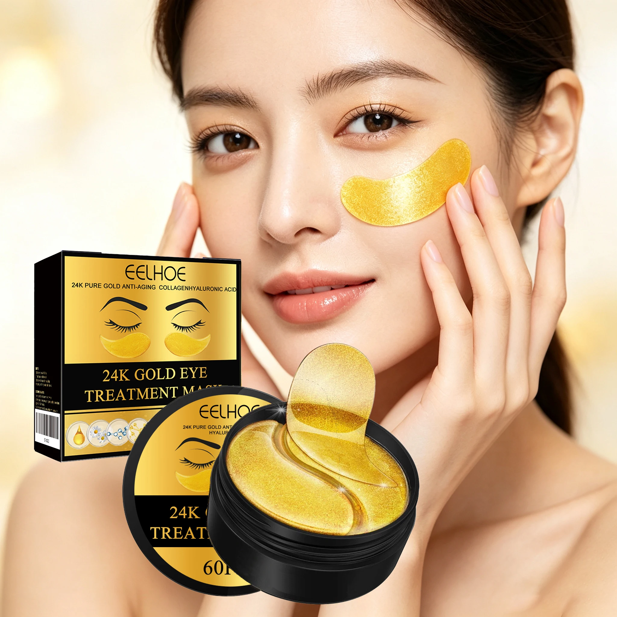 60PCS Golden Eyes Mask Gentle Moisturizing Boosts Skin Elasticity Smoothing Reduce Puffiness Firming Fade Fine Lines Glowing Lifting Eyes Patch