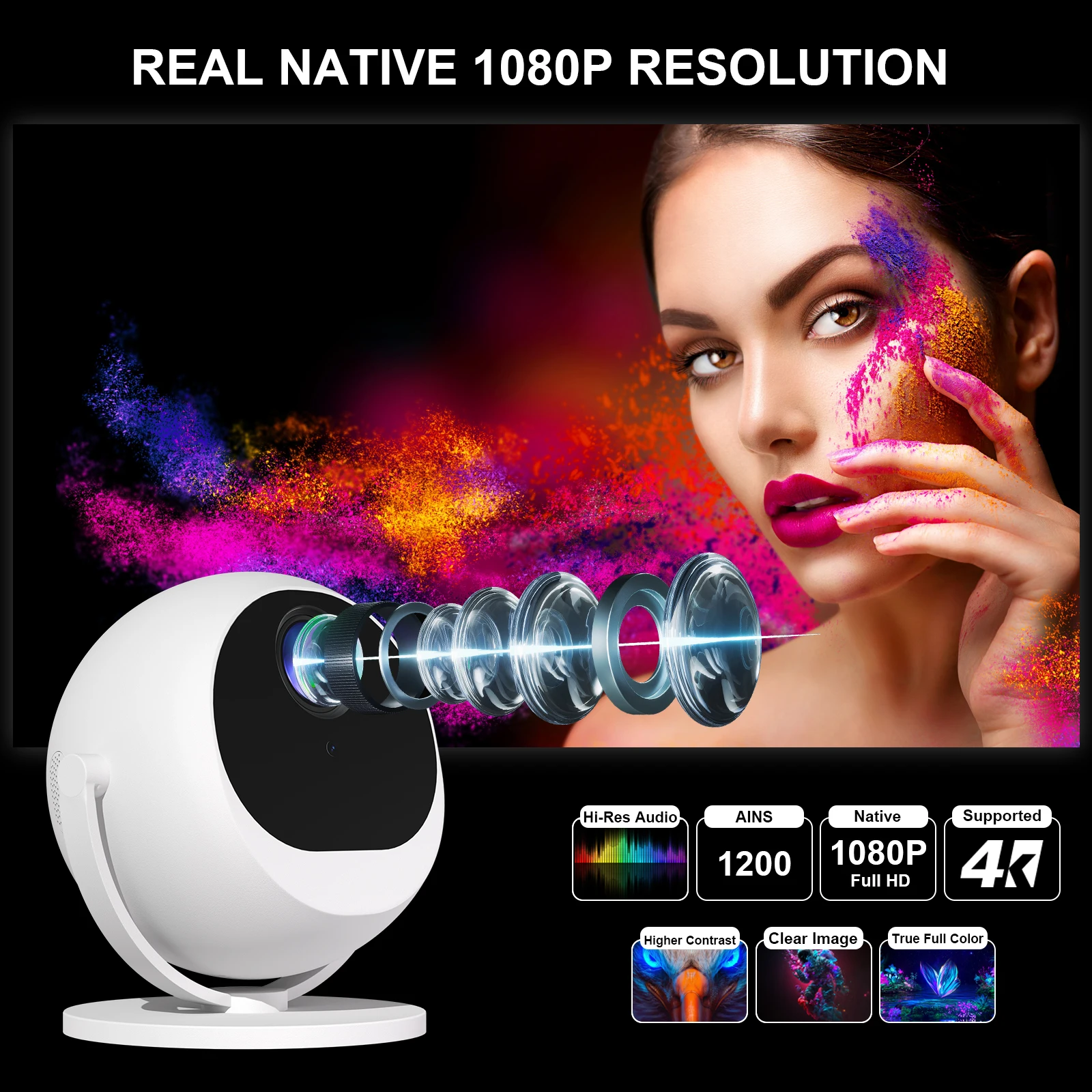 جهاز عرض ذكي كروي فائق الوضوح 2.4/5g واي فاي ثنائي النطاق لاسلكي 6+ Bt4.2 Led جهاز عرض محمول متعدد الوظائف، عرض الأفلام المنزلية |   تخييم خارجي، 360 °   دوران