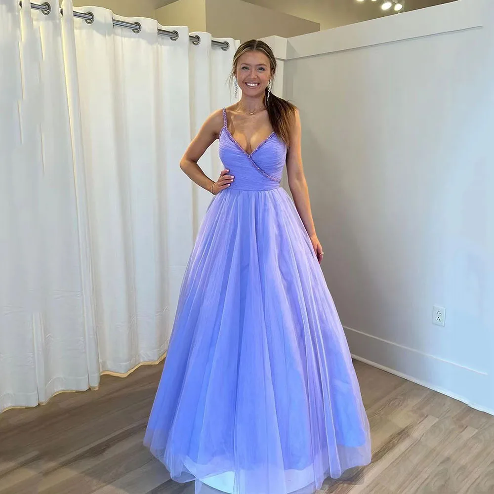 

Lavender Prom Dress Graduation Sexy Spaghetti Strap Tulle V Neck A-line Prgant Special Occasion Dress Vestidos De Noche