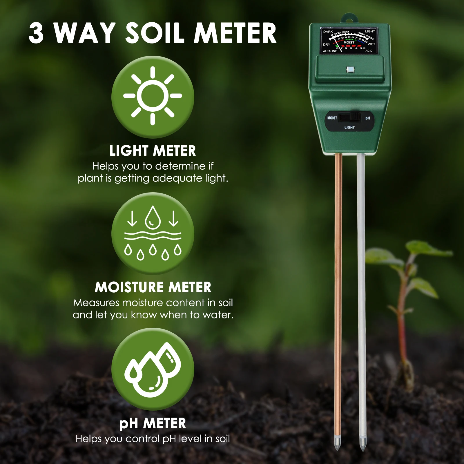 Soil Moisture Meter Long Probe PH and Light Tester 3 Way Kit Indoor Outdoor Use Acidity Tool Plants Garden Farm Lawn Household