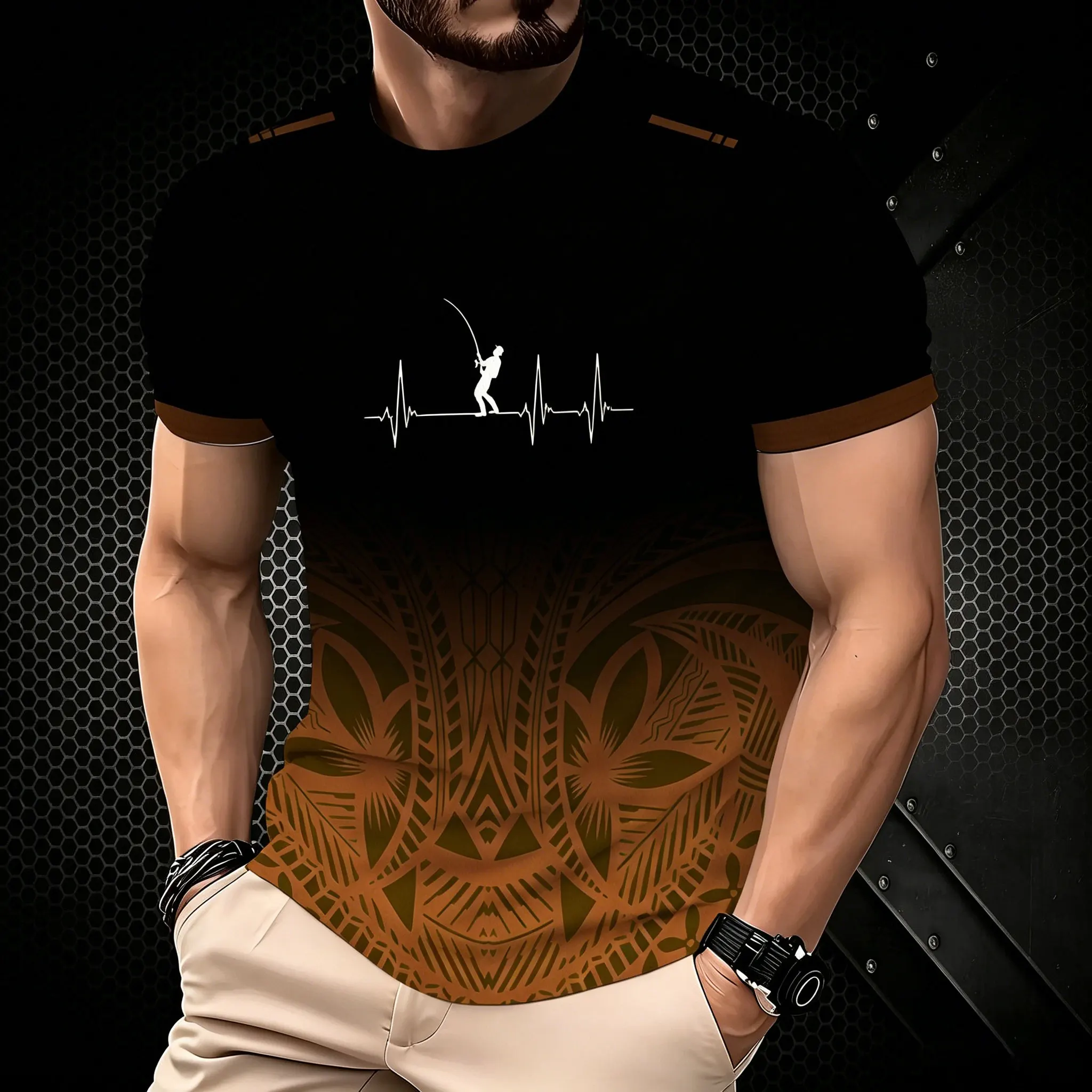 camiseta-masculina-com-estampa-gradiente-preto-a-marrom-estampa-tribal-polinesia-estampa-na-parte-inferior-pesca-pescador-linha-de-batimento-cardiaco-no-peito-s
