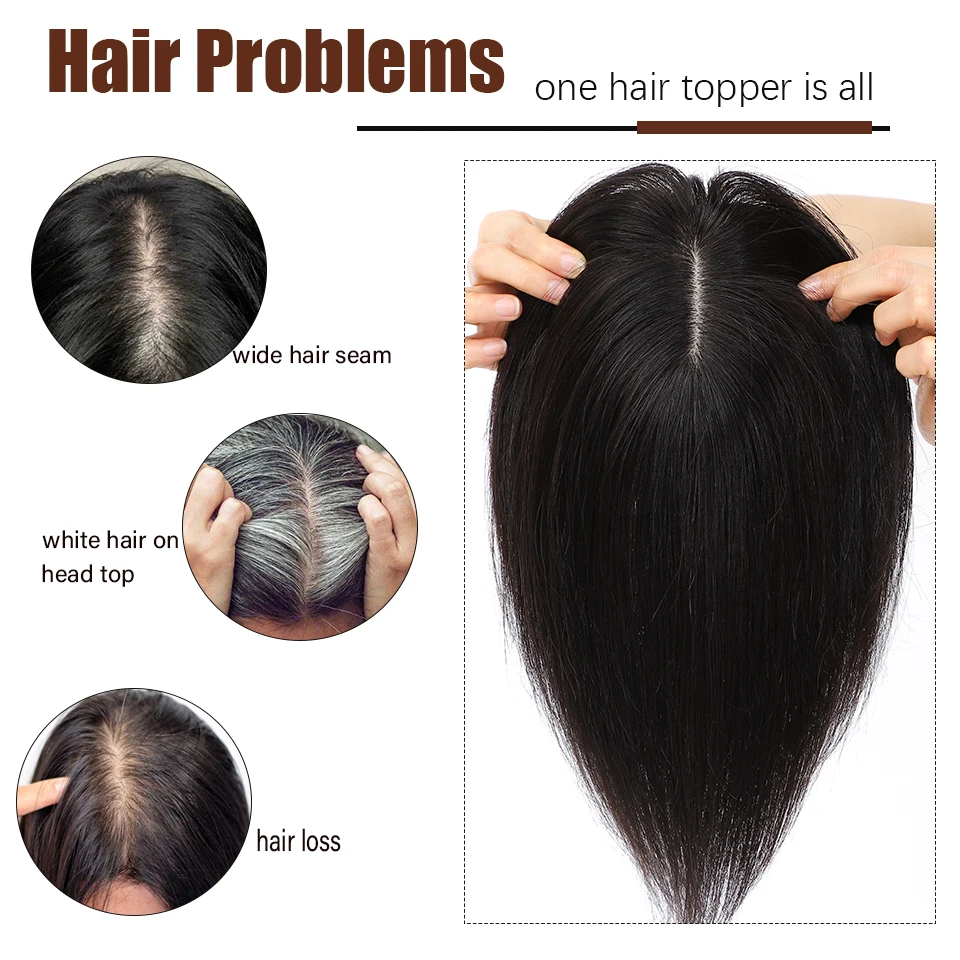 Dazzeal Human Natural Hairpiece Real Human Hair Topper Woman Hairpieces Black Long Hair Topper With Natural Bangs For Thinning