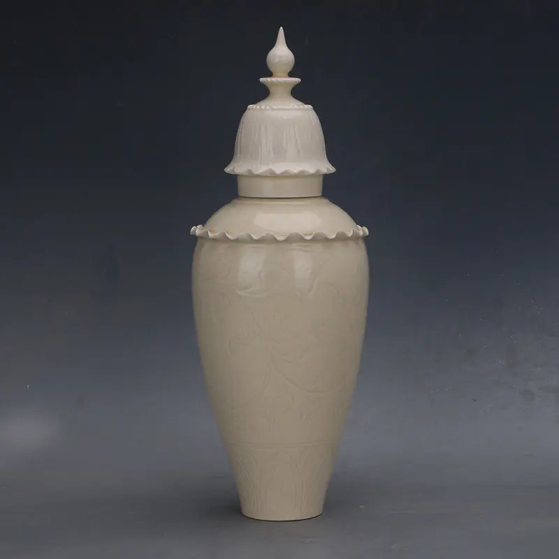 Song Dynasty Style Ding Ware White Glaze Carved Scrolling Lotus Leaf Covered Jar Handmade Antique Replica Home Decor