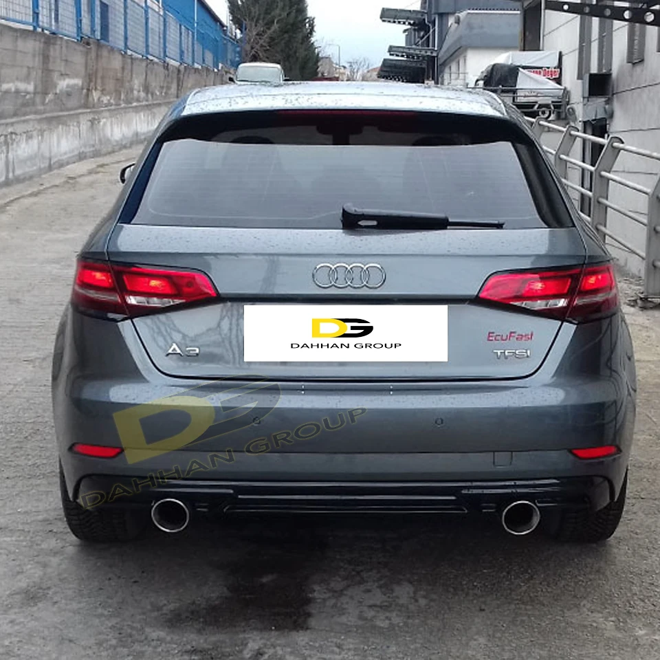 A3 8V Facelift 2017 - 2019 S3 Style Rear Diffuser Splitter Lip Left and Right Single Exhaust Outputs Piano Gloss Black Plastic