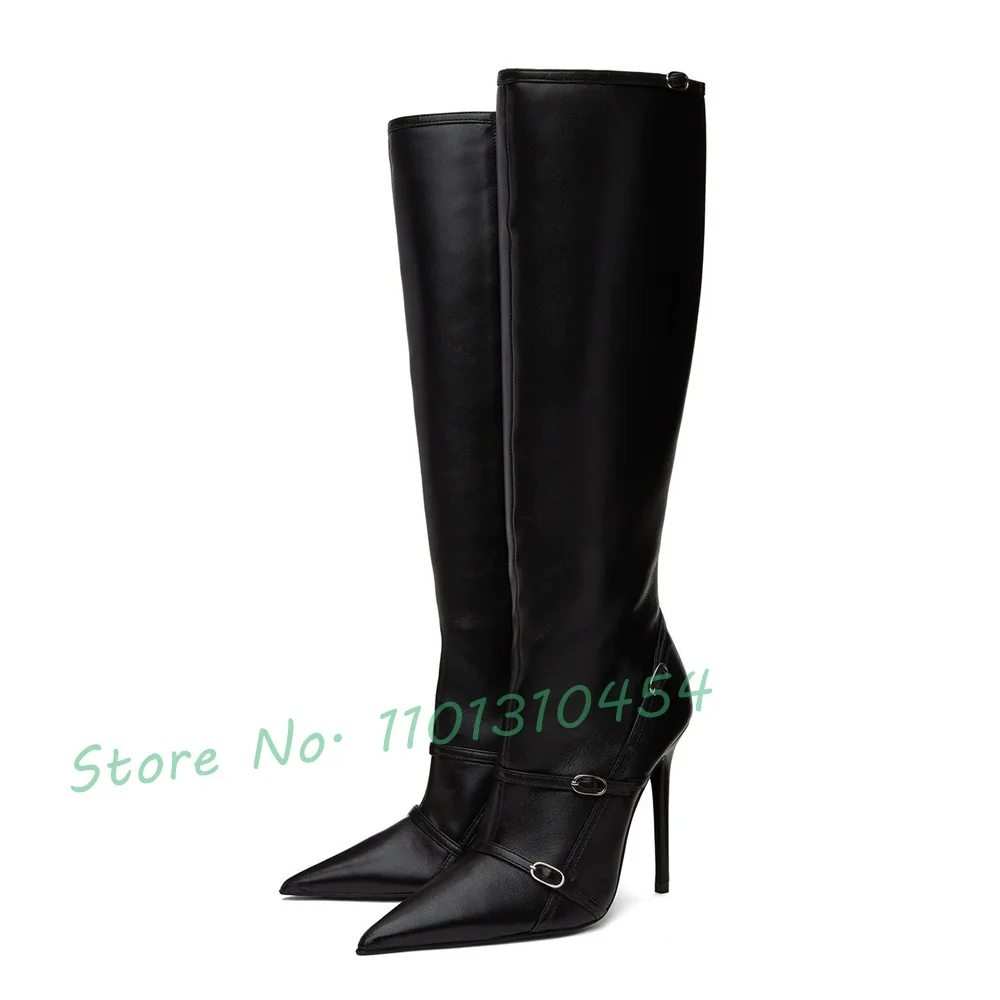 Pink Cross Strap High Boots Women Pointed Toe Elegant Leather Belt Buckle Knee High Boots Fashion Splicing Women Outfit Shoes