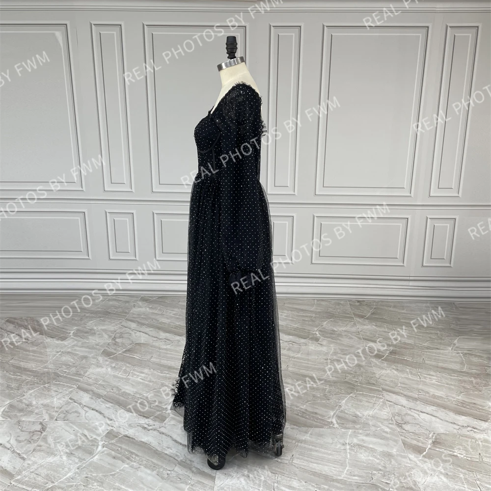 15199# Customized Black Shimmering Sequins Lace Long Puffy Sleeve Split Front Wedding Party Evening Dress For Women Prom Gown