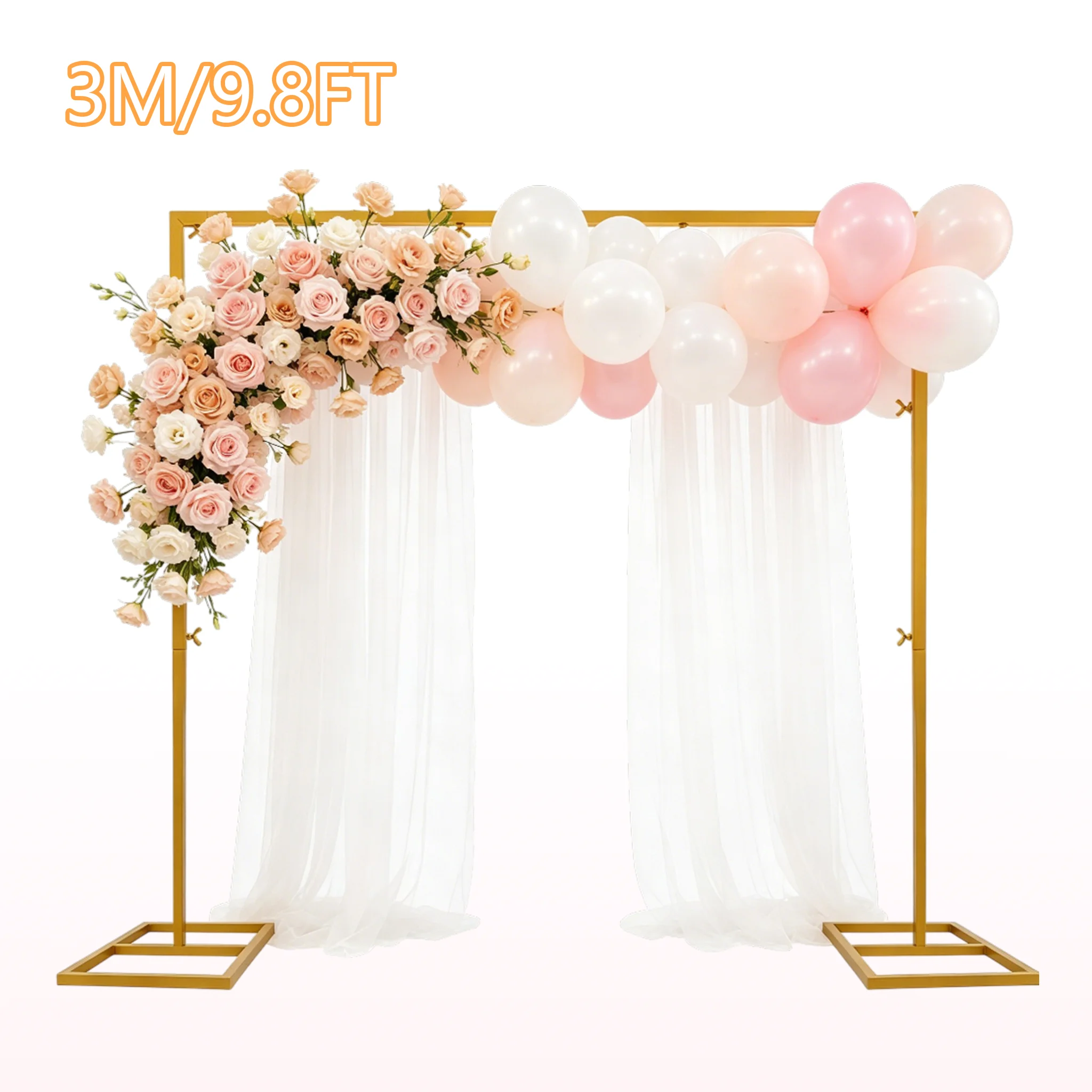 Arche de mariage dorée en métal 9,8x9,8 pieds avec base, structure carrée robuste en fer pour cérémonie, fête et décoration de jardin