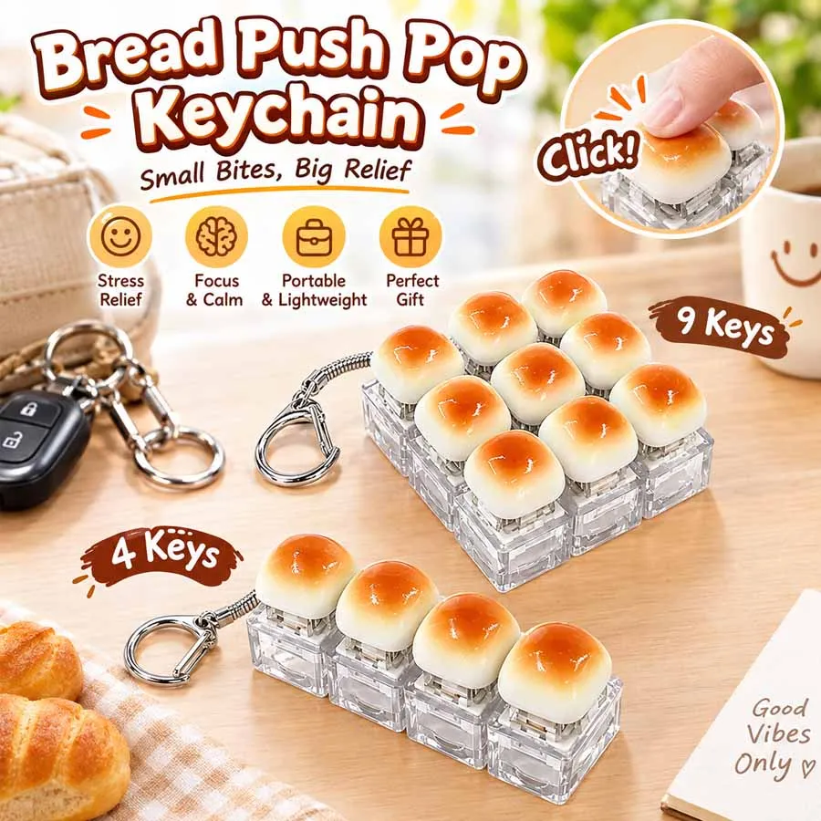 9/4 Keys, Bread Shape Keyboard Fidget Keychain, Click Sound Stress Relief Anti-Anxiety Toy for Office Travel