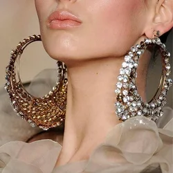 Exaggerate Big Hoop Earrings for Women Full Rhinestone Fashion Round Crystal Hanging Earrings Festival Accessories