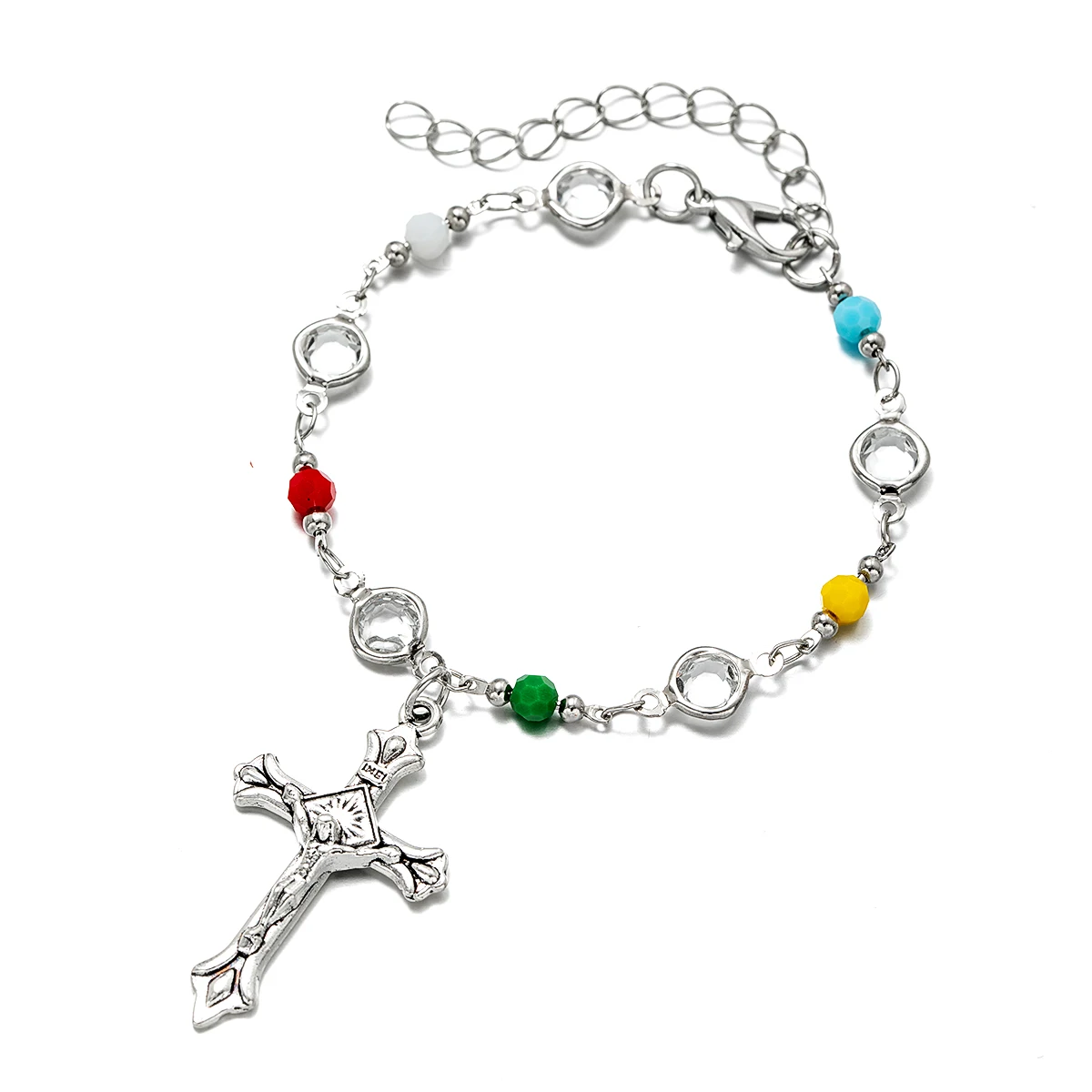 Two-in-one car ornament & bracelet: colorful bead rosary with Jesus cross for steering wheel, religious auto hanging decoration