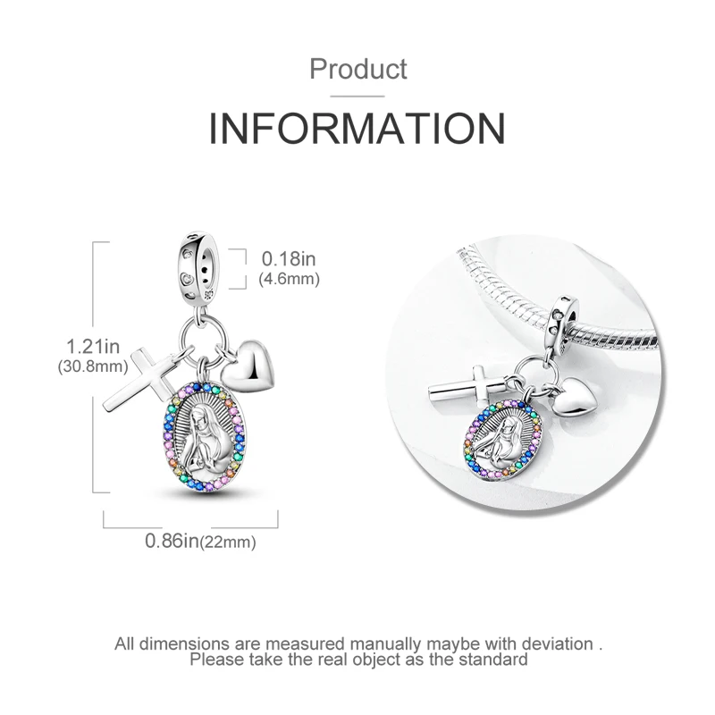 Original Charm 925 Silver Zirconium Virgin Mary Cross Charms Bead Fits 3mm Original Bracelet Womens DIY Fine Jewelry Gift New in