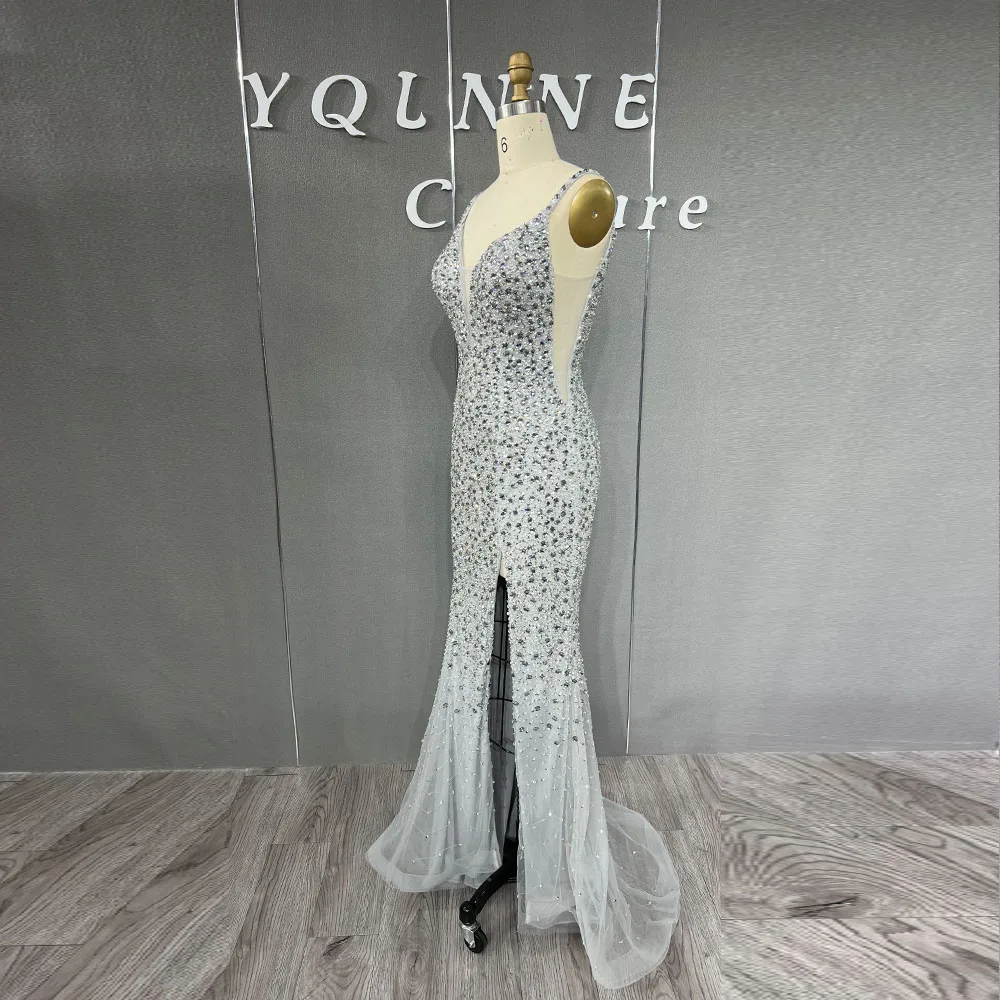 YQLNNE Luxury Silver Rhinestones Long Split Evening Dresses Handmade Tulle Beaded Sequins For Women Party Gown Mermaid