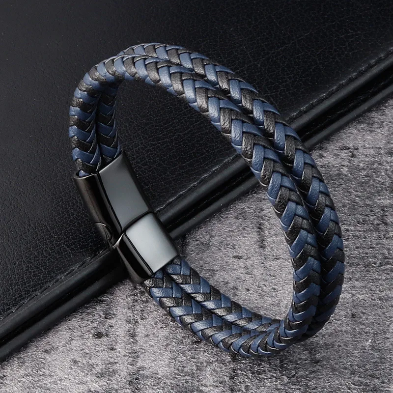 Fashion Special Design Genuine Leather Bracelets & Bangles for Men Blue Stripe Black Color for Marry Christmas Birthday Gift