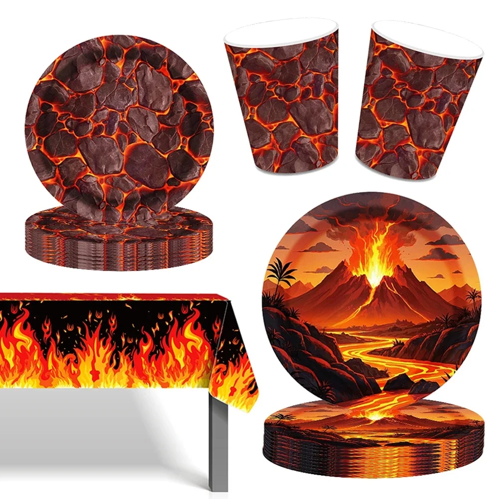 Assiettes en papier lave volcanique, gobelets, serviettes, décorations de fête d'anniversaire, fournitures de table, fête à thème dinosaure, décor de lave d'halloween